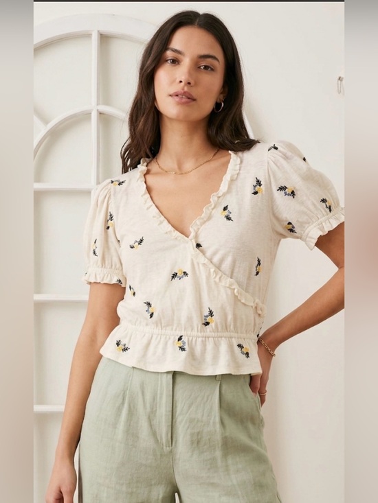 Free People Tops - Free People Boho Cream Embroidered Floral Faux Wrap Crop Top Ruffle Trim sequins